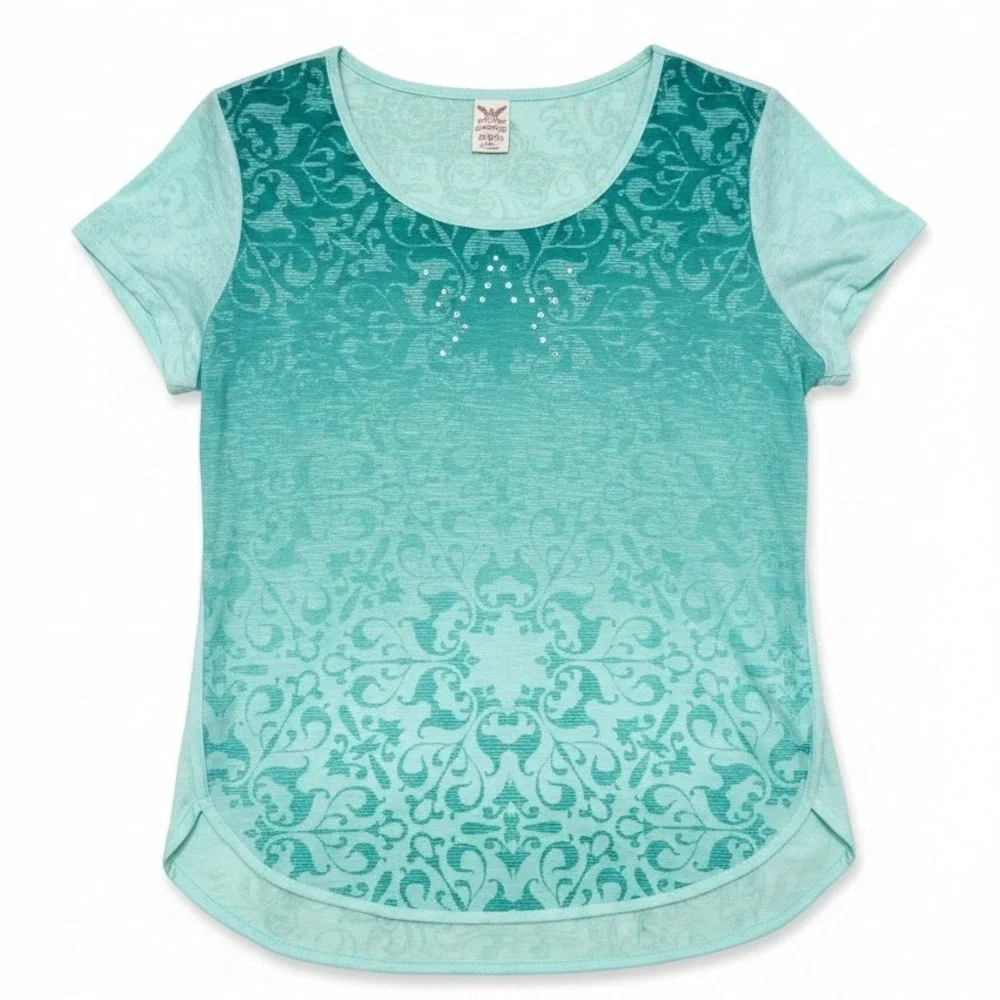 Faded Glory Opaline Green Burnout Damask Rhinestone Top, Women's XL 16-18‎